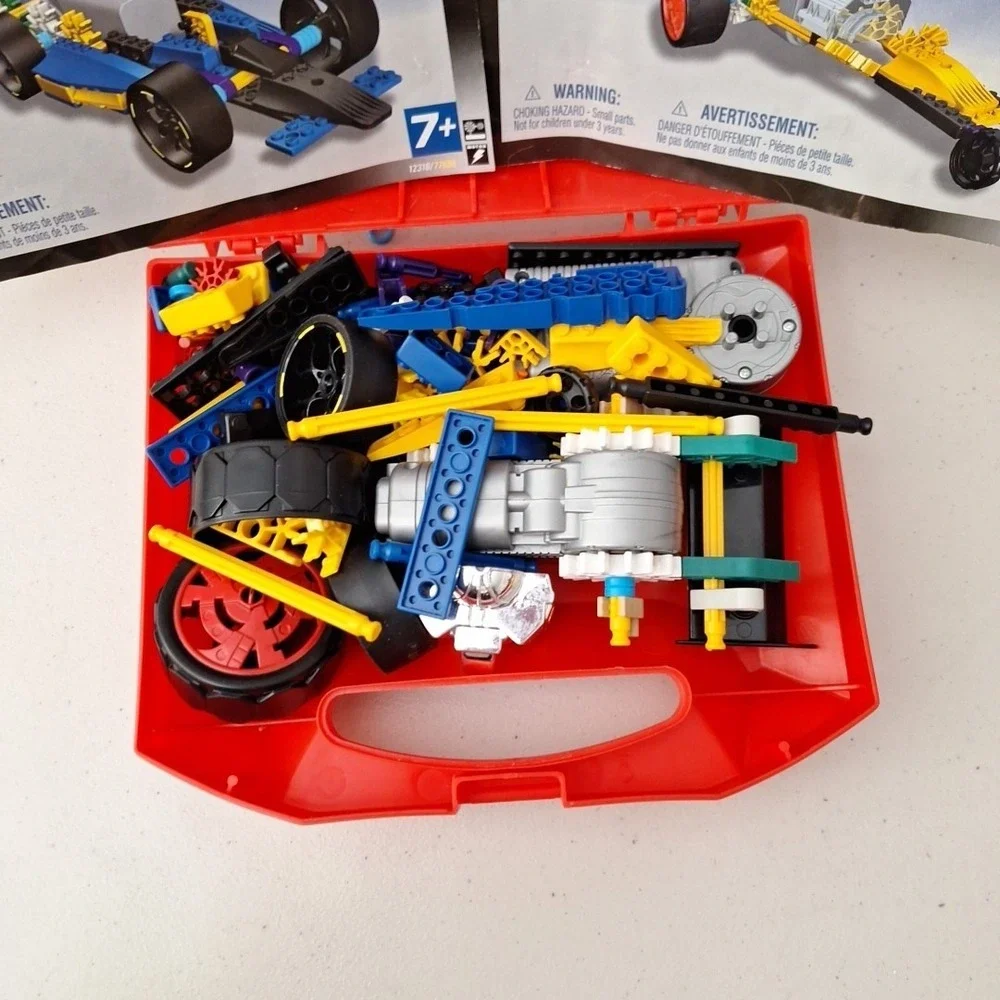 K'NEX Kinex Red Hard Box Case Filled with Knex !! Dueling Racers Book 1 & 2